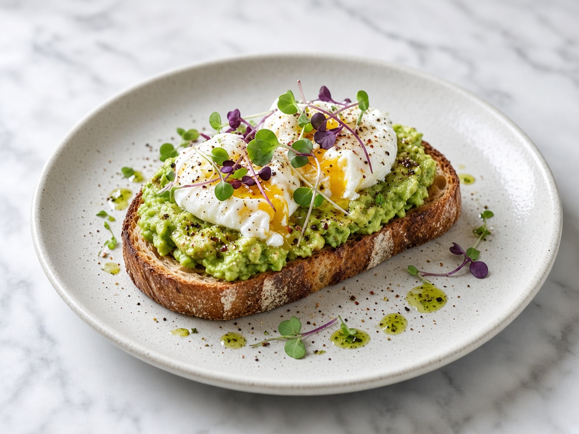 Carefully plated brunch with soft eggs and greens